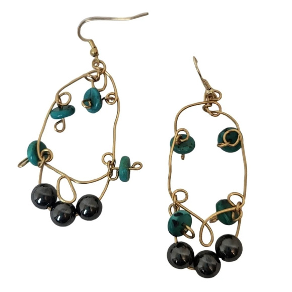 Turquoise Cooper Wire Hematite Earrings - Picture 1 of 2